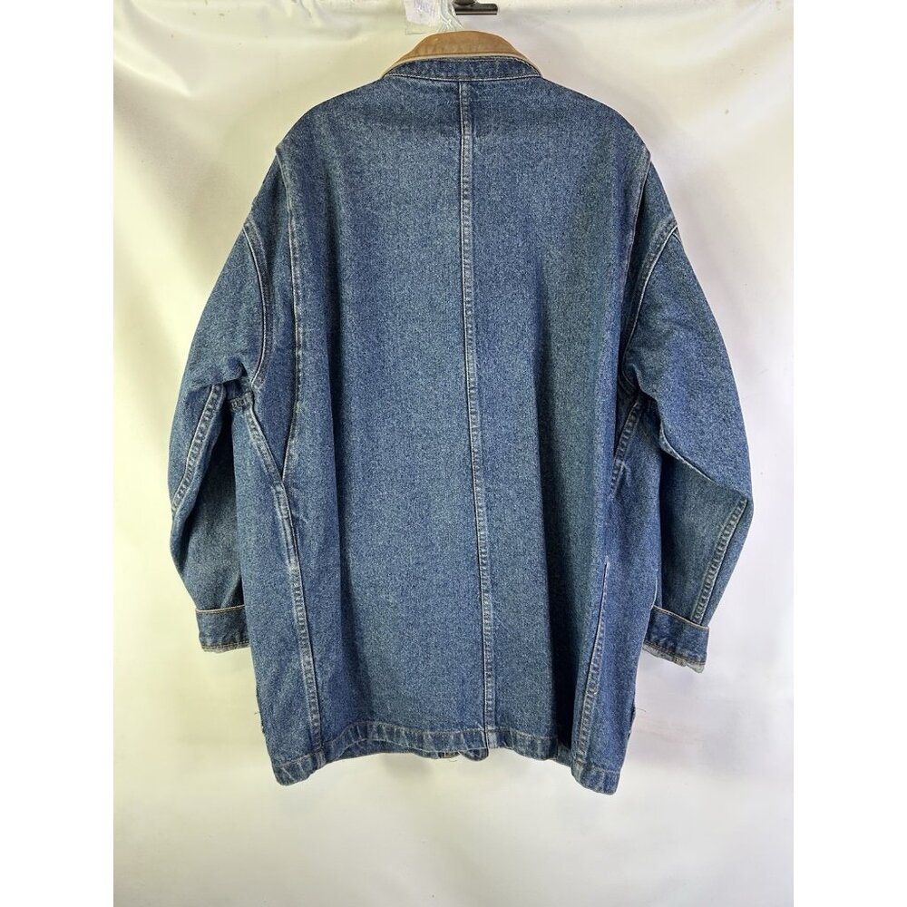 Vintage 90s Leather Collar Denim Jean Trucker Jacket Barn Chore Coat - Picture 8 of 13